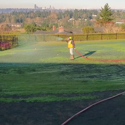 Worker spraying hydroseeding mix on large grassy slope with city skyline in background.
