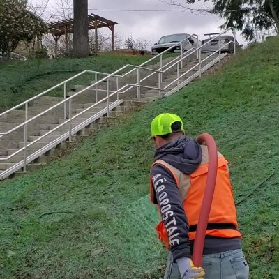 Worker applying hydroseed spray on steep hillside near park stairs and railing.