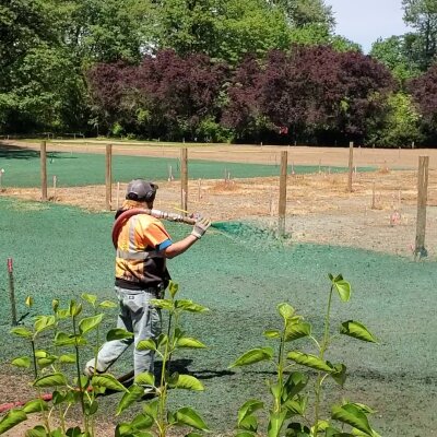 Worker hydroseeding lawn in sunny Washington state.