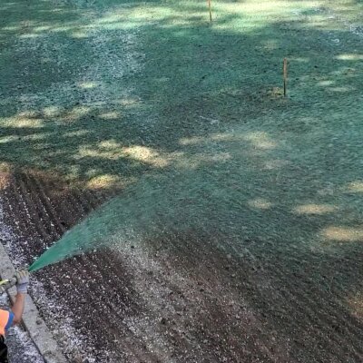 Hydroseeding process on Washington State lawn with spray nozzle.