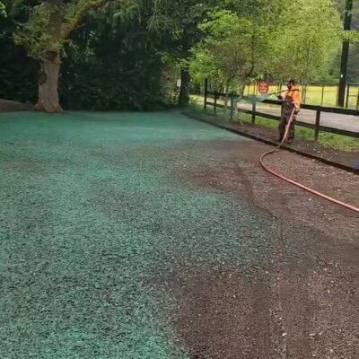 Hydroseeding technician spraying green seed mixture on lawn in Washington state yard.