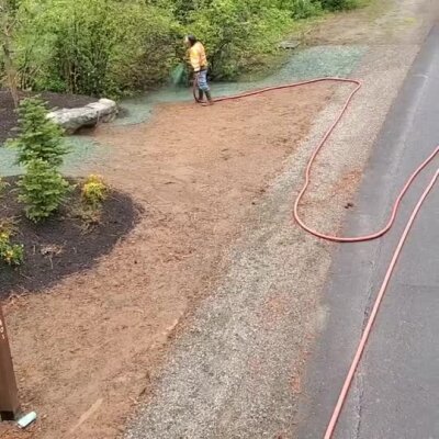 Worker applying hydroseed lawn on sloped ground near roadside with hose equipment.