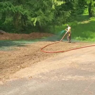 Worker spraying hydroseed on soil near forested area for erosion control.