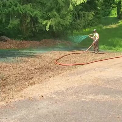 Man spraying hydroseed on prepared soil near wooded area in Washington state.