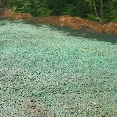 Fresh hydroseed application on a soil area near wood mulch and forest foliage.