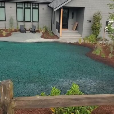 Hydroseed lawn application in progress on residential front yard in Washington.