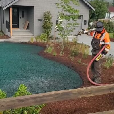 Worker spraying hydroseed on front yard lawn near modern house on Whidbey Island.