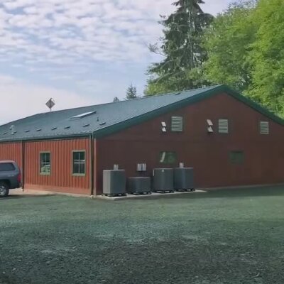 Newly installed erosion control spray covering soil around commercial building.