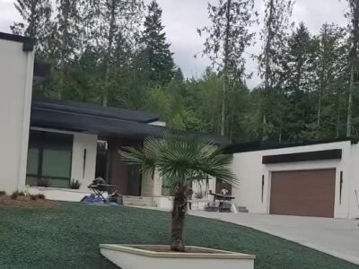 Hydroseeded front yard with palm planter at modern high-end Redmond home.
