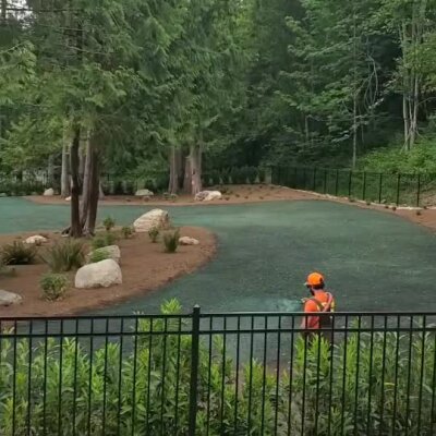 Commercial hydroseed lawn installation in wooded residential backyard with worker spraying.