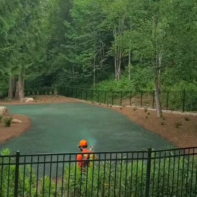 Worker spraying hydroseed on residential lawn surrounded by forest trees.