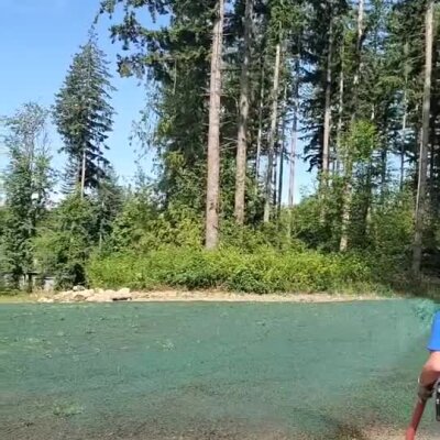 Hydroseed application underway on sloped lawn near wooded residential area.