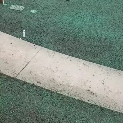 Freshly applied hydroseed lawn around concrete sidewalk in residential development.