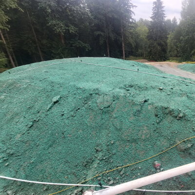 Hydroseeded slopes with erosion control measures near wooded area in Redmond.
