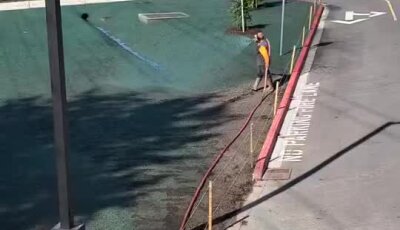 Hydroseeding installation at Bothell elementary with green seed coverage and worker spraying mulch.