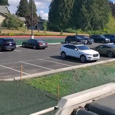 Parking lot with newly hydroseeded grass slope beside a concrete curb near Bothell elementary school.