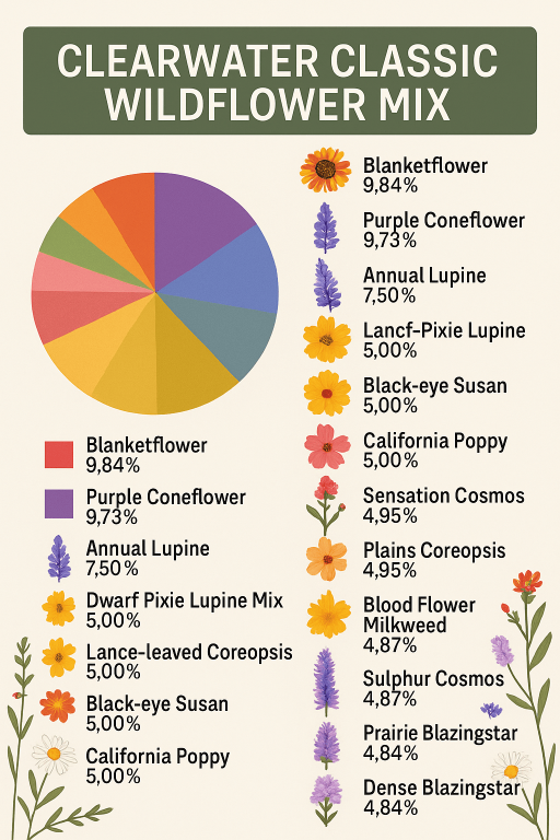 Infographic displaying Clearwater Classic Wildflower Mix composition percentages.