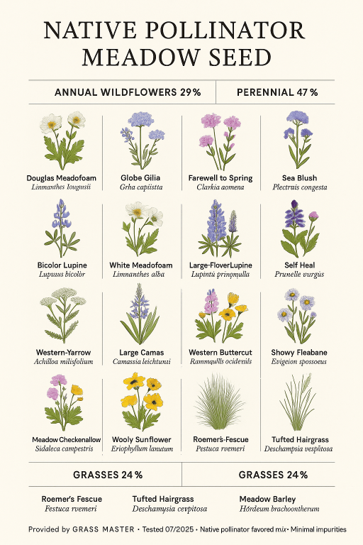 Illustration of native pollinator meadow seed mix with wildflowers and grasses, detailed plant names.